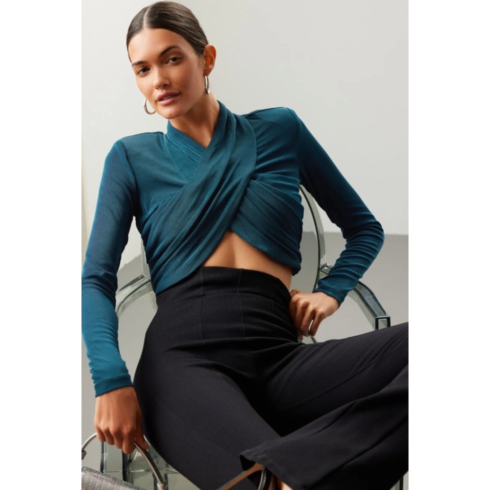 Bardot Wren Wrap Top Teal Blue Long Sleeve Cropped Ruched Criss Cross Sz S - Picture 1 of 11